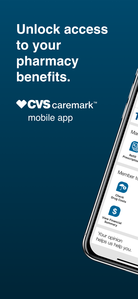 Introductory screen of the CVS Caremark app for managing pharmacy benefits and prescriptions