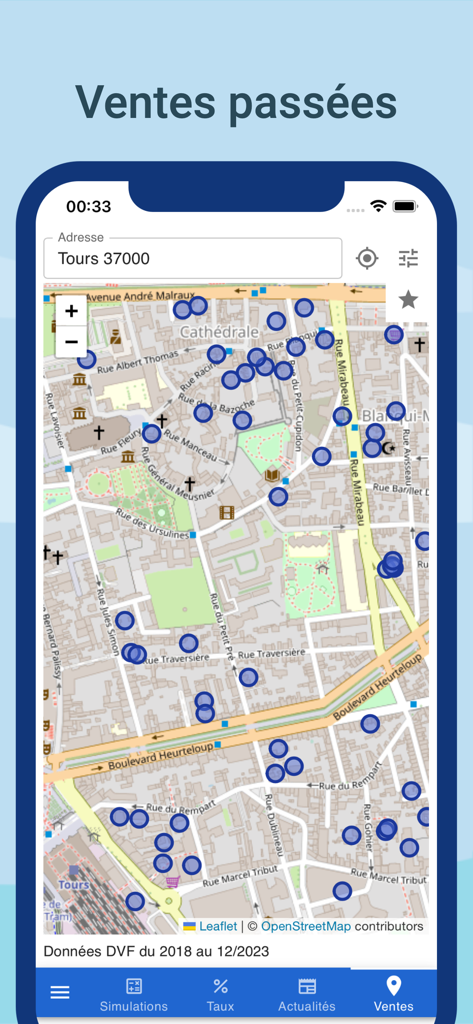 Mapa interactivo que muestra ventas inmobiliarias pasadas en Francia utilizando datos DVF dentro de la aplicación Calculette Pret Immo.