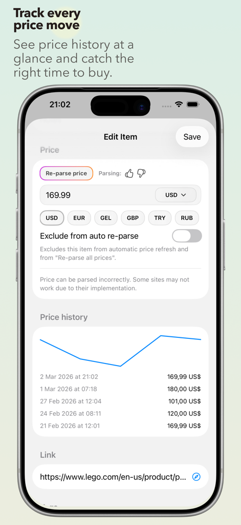Smartphone screen showing price history chart and product tracking details in the Wanted Wishlist app