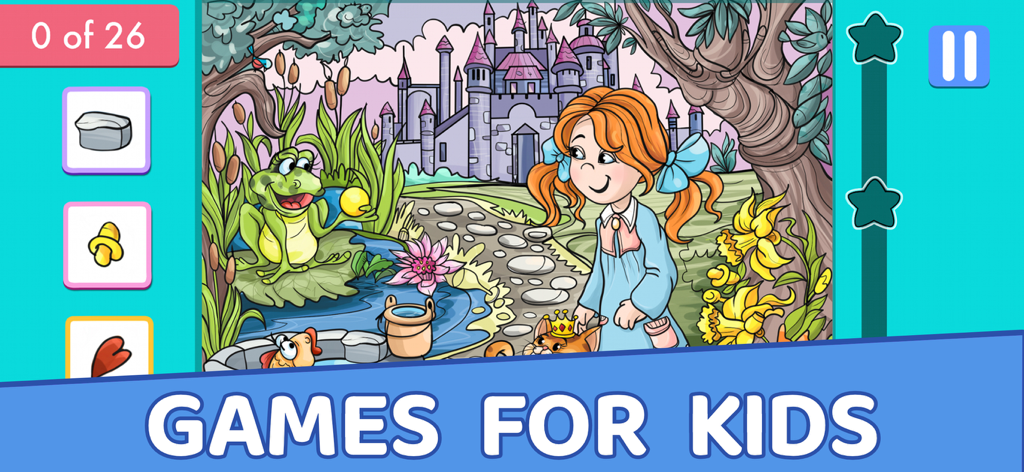 Eine bunte Wimmelbildspielszene für Kinder mit einem Cartoon-Mädchen, einem Frosch auf einem Seerosenblatt und einer Burg im Hintergrund