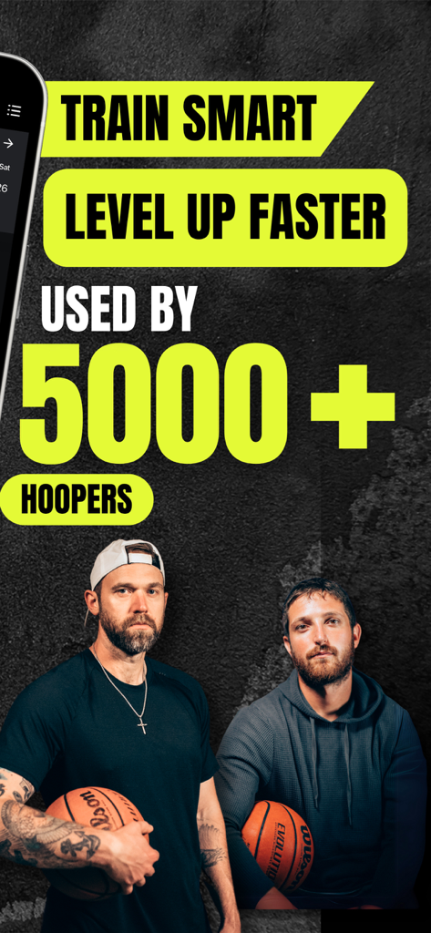 Good Drills - Good Drills app promotional screen showing two basketball coaches holding basketballs with the text Train Smart and Level Up Faster.