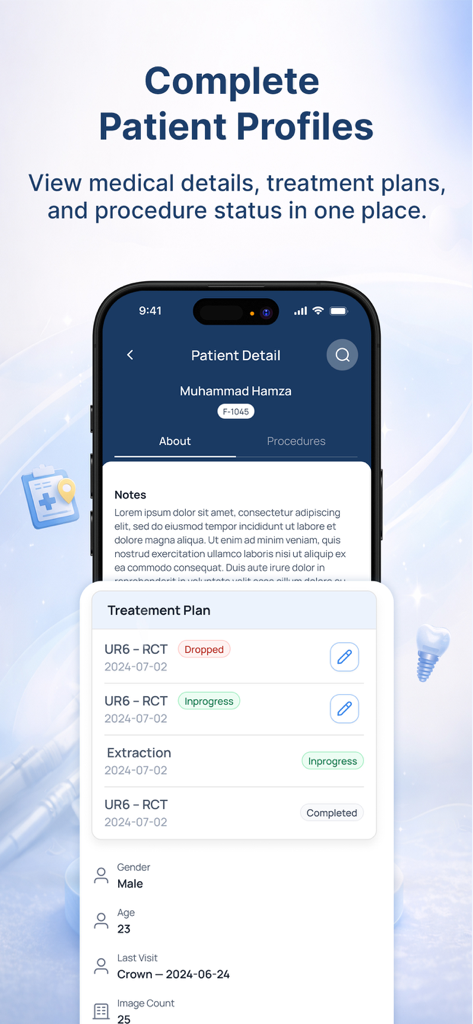 Interfaz de UpDent que muestra los detalles del perfil del paciente y los planes de tratamiento dental.