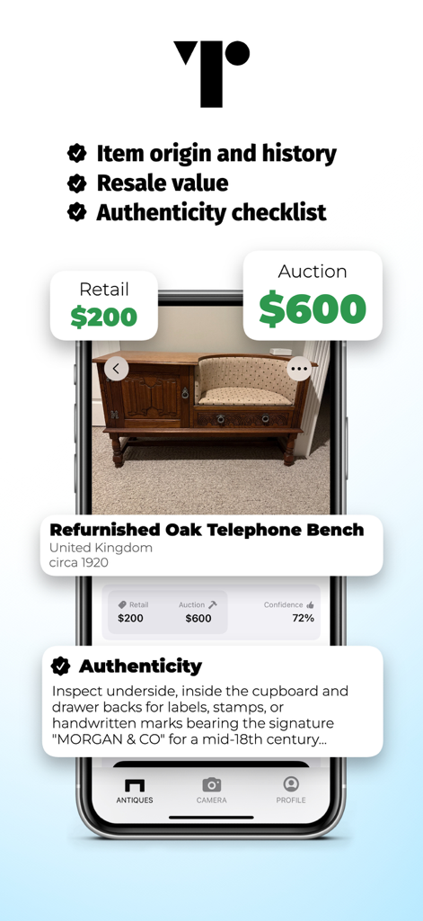 Antique Identifier by Trove - Interfaz de la aplicación Antique Identifier by Trove que muestra estimaciones de valor de reventa y una lista de verificación de autenticidad para un banco de teléfono antiguo de roble.