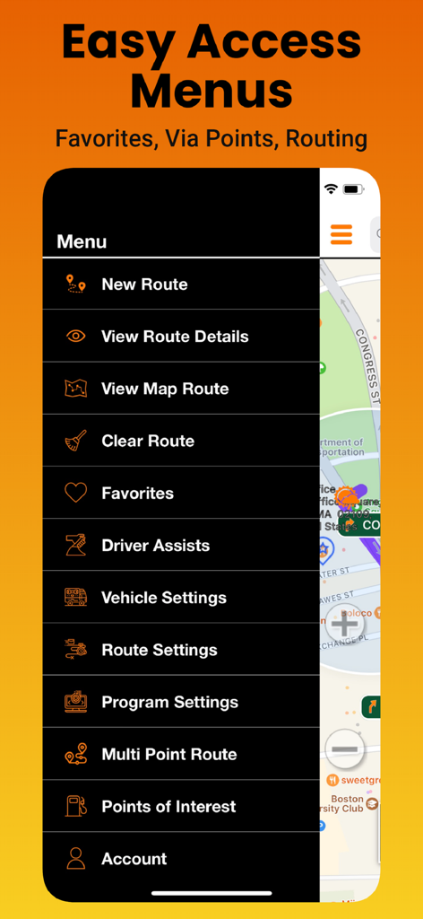 SmartTruckRoute app navigation menu showing truck routing and vehicle settings