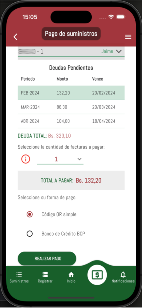 DELAPAZ APPLUZ - Pantalla de la aplicación móvil para consultar y pagar facturas de electricidad con opciones de código QR y transferencia bancaria