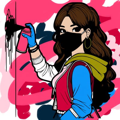 realistic girl with mask spray painting a wall