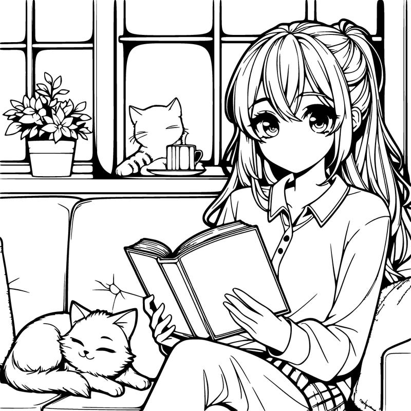 pretty realistic anime girl reading a book on her couch with a window behind the couch, and a cat sleeping on the couch
