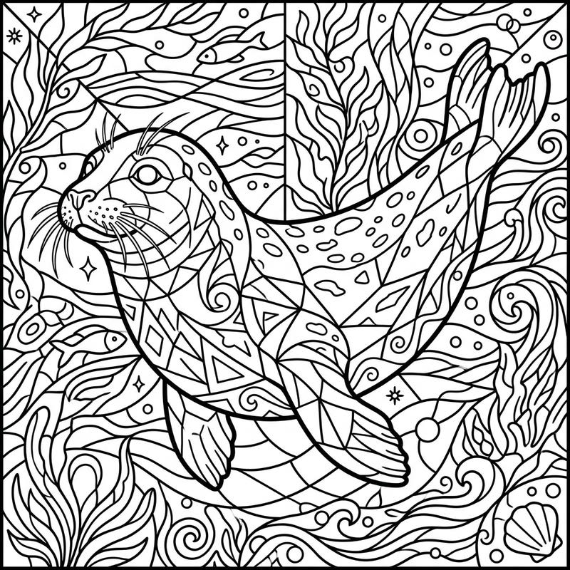 Embark on an artistic journey with our Grey Seal in a beautiful stained glass design, perfect for relaxation and creative expression. This free printable coloring page offers a unique blend of marine wonder and intricate patterns.