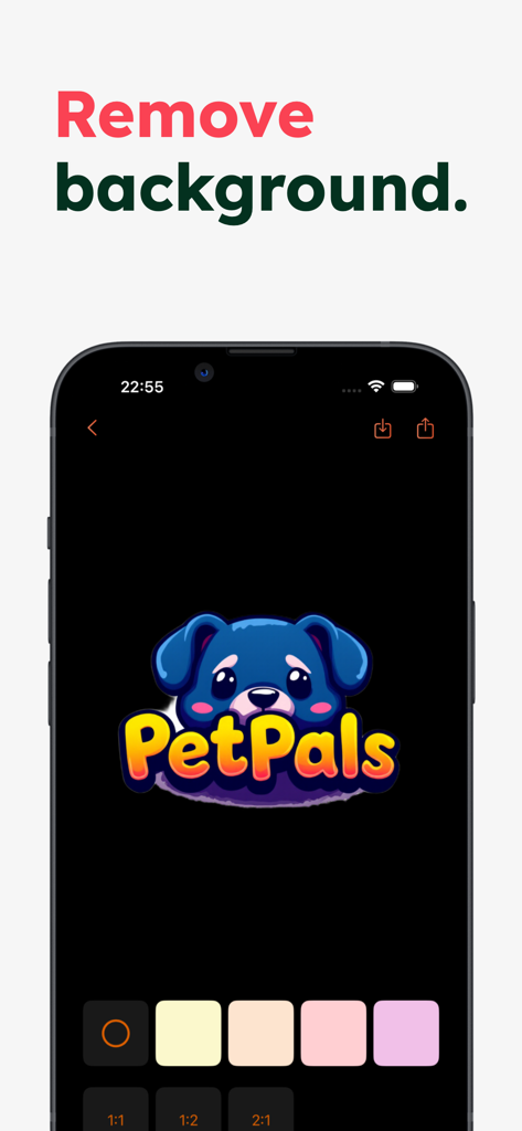 Leo: AI Logo & Signature Maker - AIロゴメーカーアプリのインターフェース。ペットビジネスのロゴの背景削除機能が表示されています