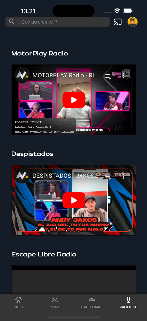 MotorPlay - MotorPlay app interface showcasing various motorsport radio and interview video categories