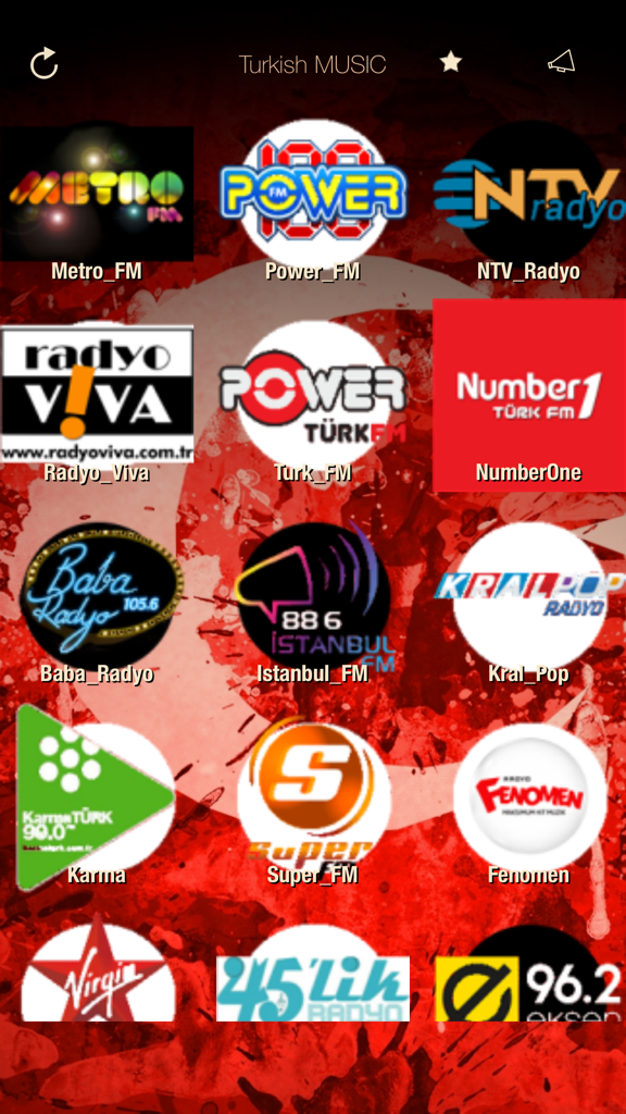 A collection of popular Turkish radio station logos in a grid view on a red background