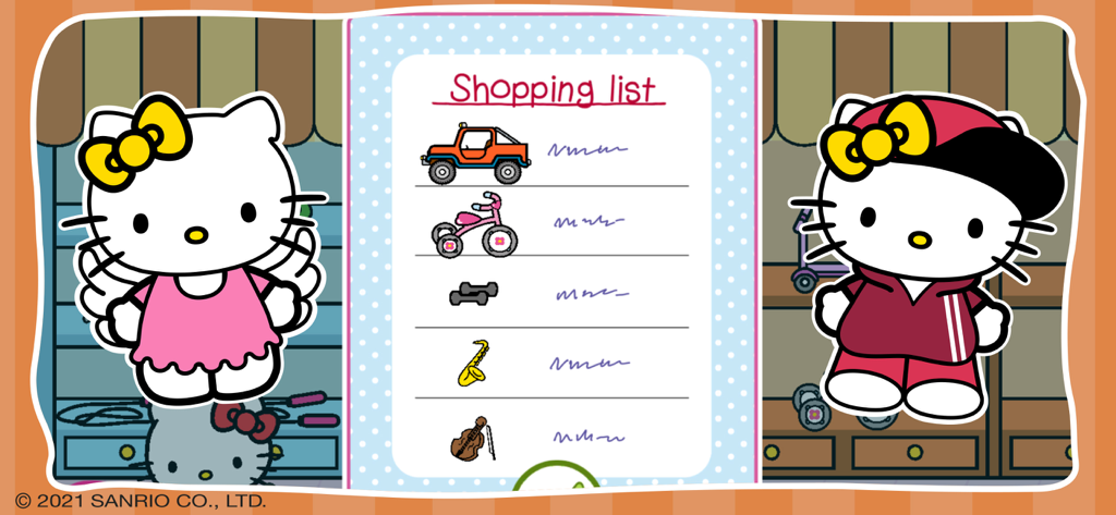 Hello Kitty: Supermarket Game - Hello Kitty standing next to an illustrated shopping list featuring toys and musical instruments