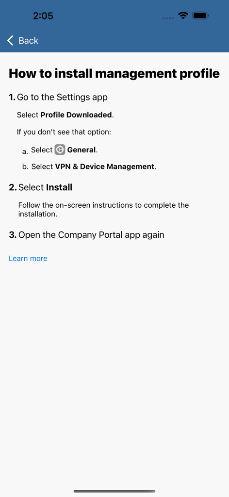 Instruções passo a passo para instalar um perfil de gerenciamento em um iPhone dentro do aplicativo Intune Company Portal.