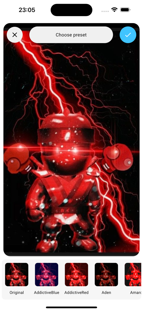 Sfondo con skin ninja rossa con effetto fulmine e preset di filtri