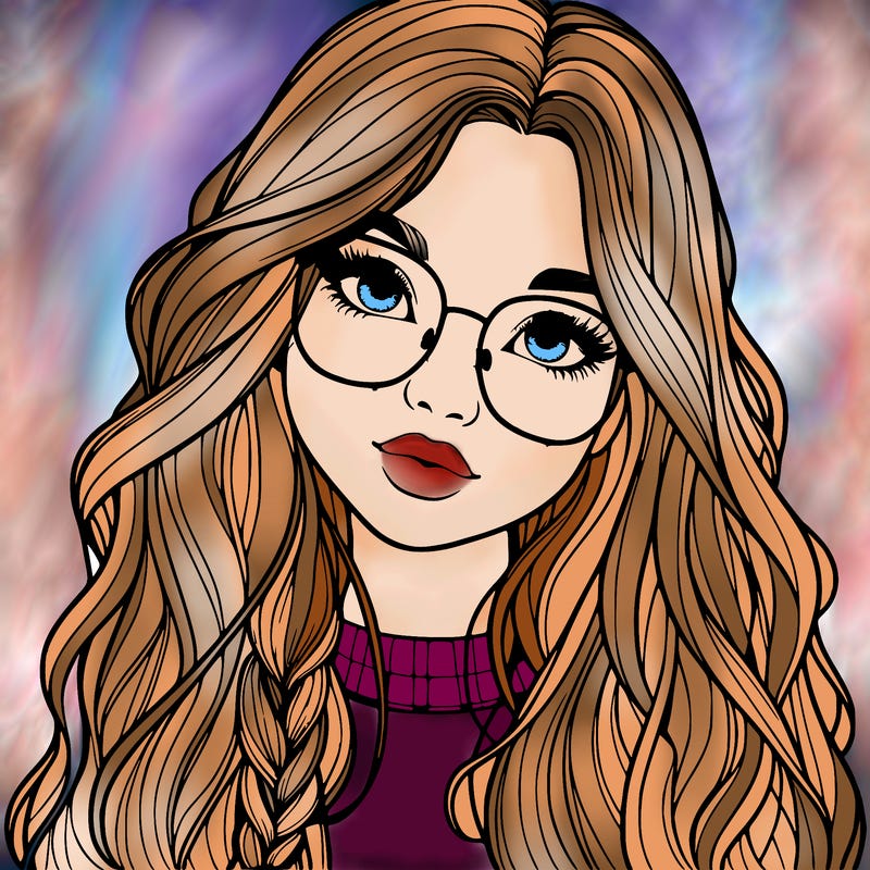 girl with long hair and freckles and glasses realistic