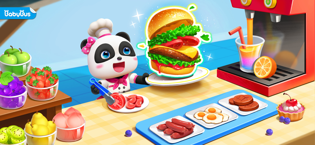 Little Panda chef preparing a large burger in a colorful restaurant kitchen with fresh ingredients