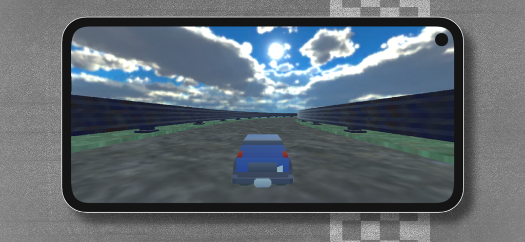 AudioRace - Vista trasera de un coche de carreras azul en una pista bajo un cielo nublado en el juego móvil AudioRace.