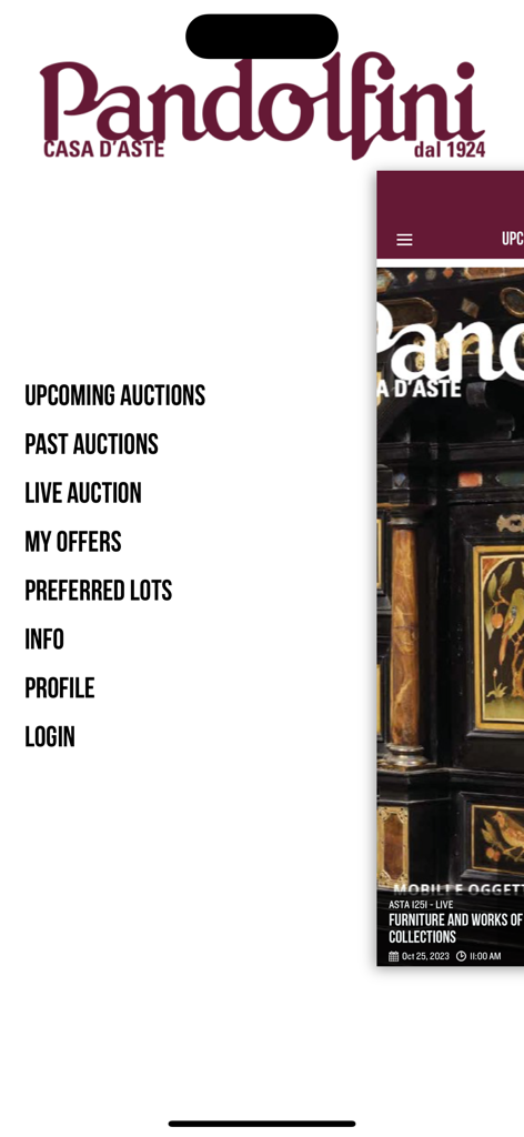 Pandolfini Live - Pandolfini Live mobile app menu screen showing options for upcoming auctions live bidding and catalog browsing