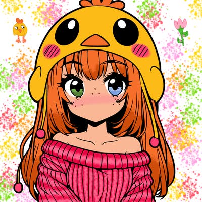 anime girl with chick shaped hat with sweater with bare shoulders with bangs covering them one eye with low tail