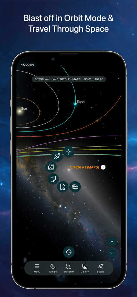 SkySafari 8 Plus - SkySafari 8 Plus app screenshot showing Orbit Mode with planetary orbits and space navigation controls