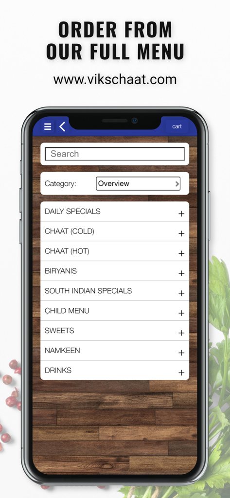 Viks Chaat - Viks Chaat mobile app menu showing various food categories like daily specials and biryanis
