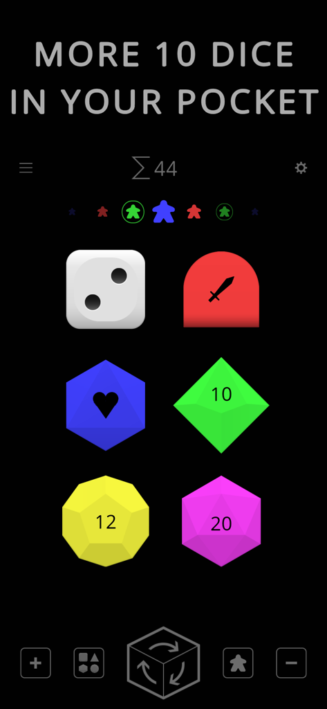 Dice Area - Interfaz de la aplicación Dice Area que muestra una variedad de dados personalizados coloridos y marcadores de jugador para sesiones de RPG de mesa