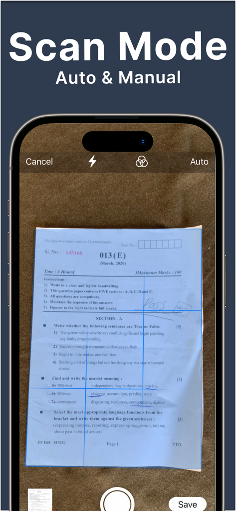 Eine mobile App-Oberfläche, die die automatische Erkennung von Dokumentenrändern zum Scannen zeigt