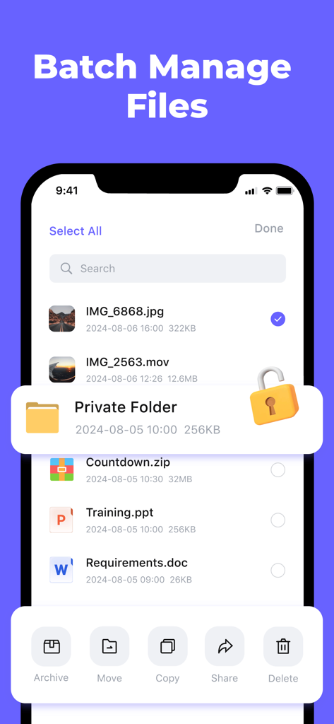 Interfaz para la gestión de archivos en lote en la aplicación Unzip con opciones para archivar, mover, copiar y eliminar.