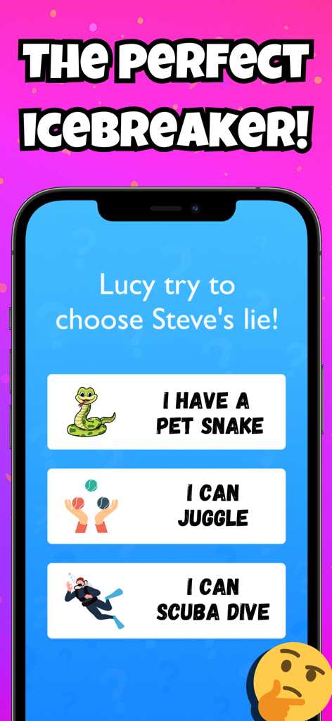 Two Truths and A Lie - Interfaz de la aplicación Dos Verdades y Una Mentira mostrando tres opciones para elegir, incluyendo tener una serpiente mascota haciendo malabares y buceo