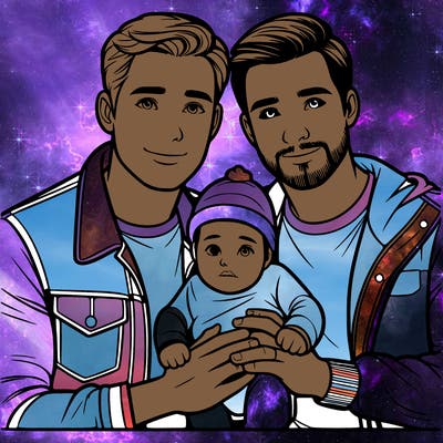 two men with a baby realistic