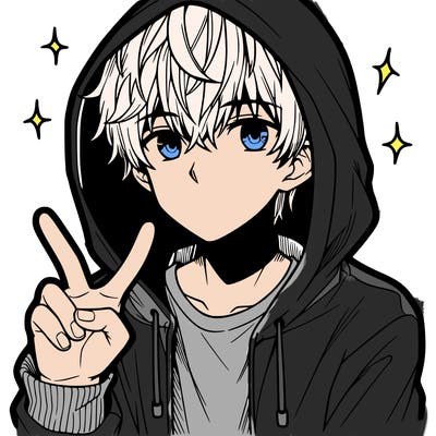 teenage manga boy in a hoodie, doing ✌