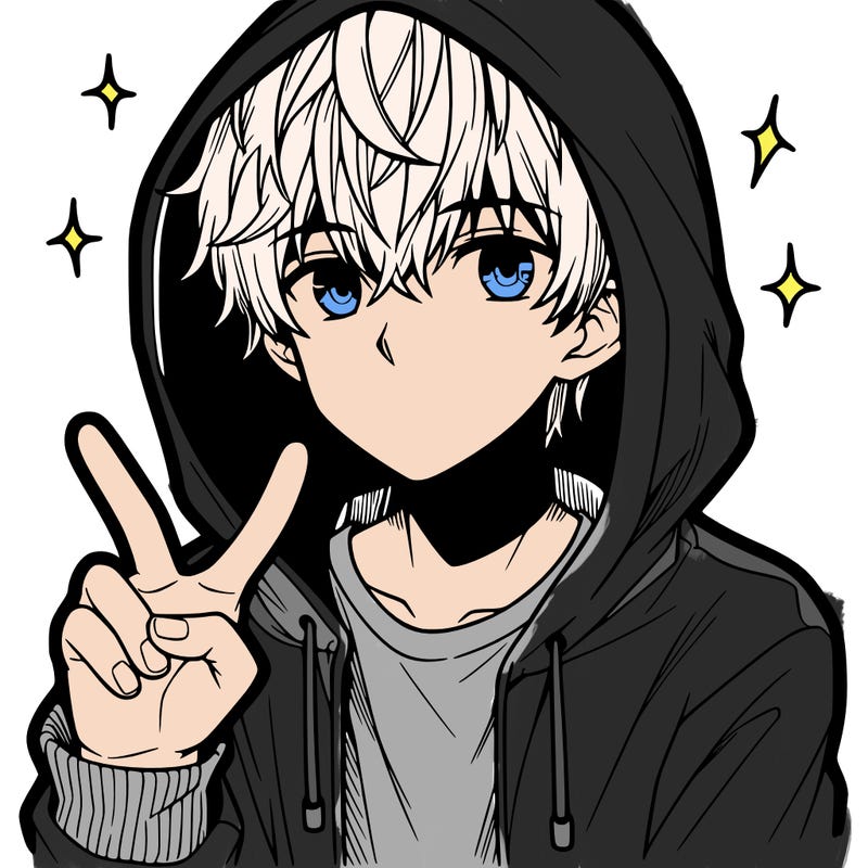 teenage manga boy in a hoodie, doing ✌