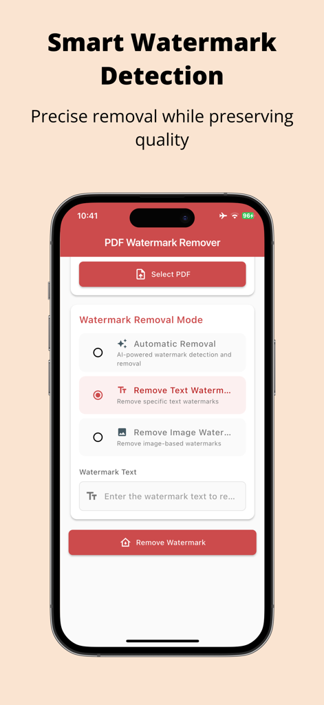 PDFクリーナーアプリのインターフェース。スマート透かし検出と除去オプションが携帯電話に表示されています。