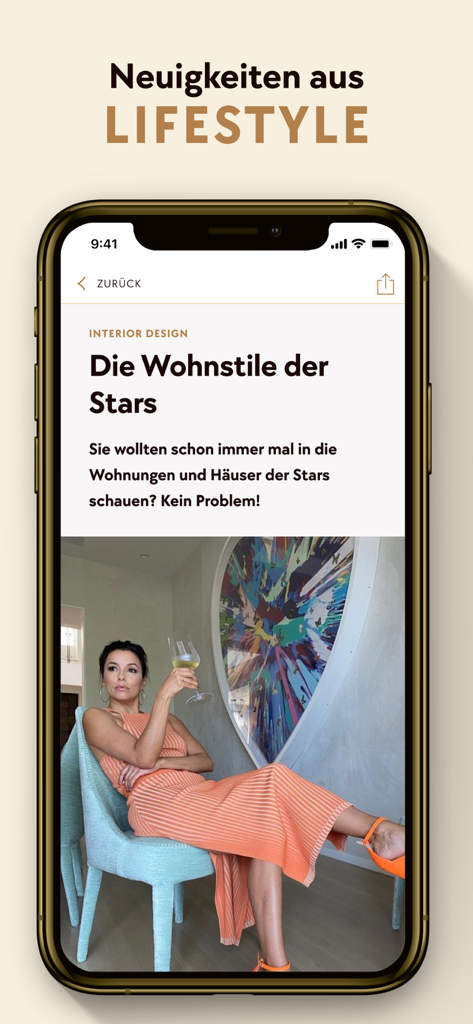 Gala Star News: Promis, Royals - Screenshot der Gala Star News App, der einen Lifestyle-Artikel über das Innendesign von Prominenten mit Eva Longoria zeigt