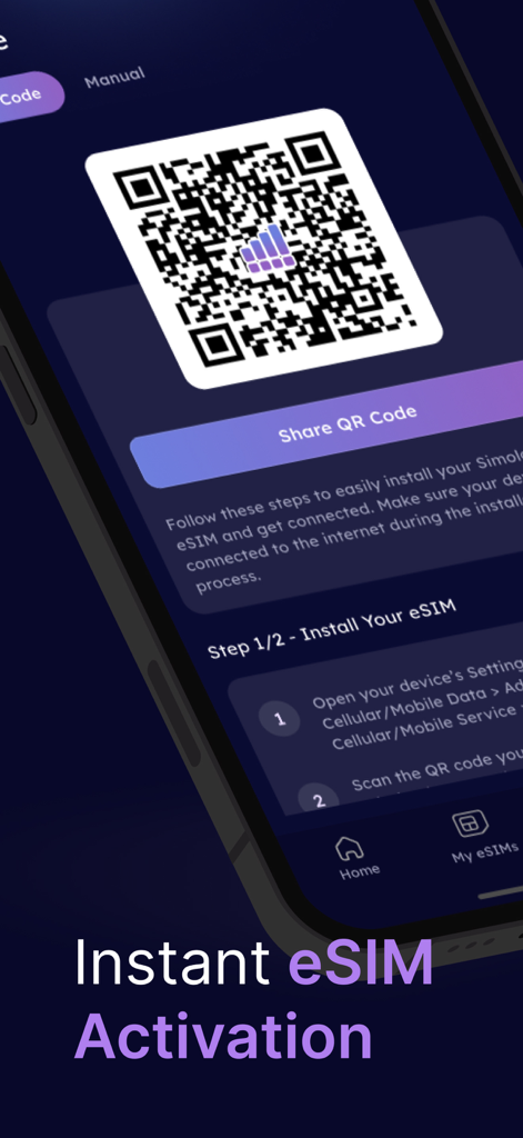 Simology mobile app screen showing a QR code for instant eSIM activation
