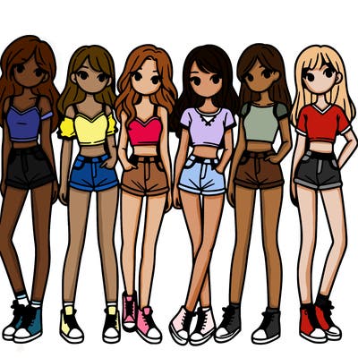 a group of girls wearing crop tops and shorts