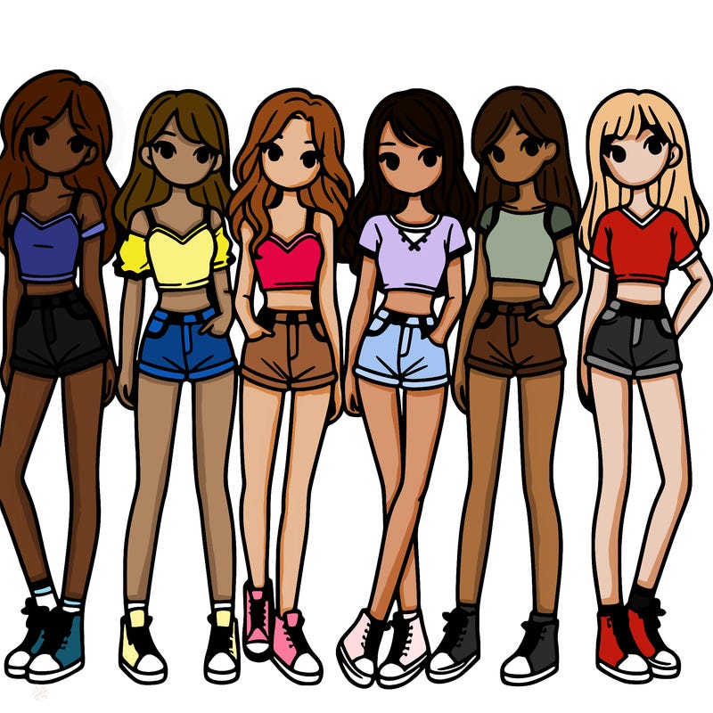 a group of girls wearing crop tops and shorts