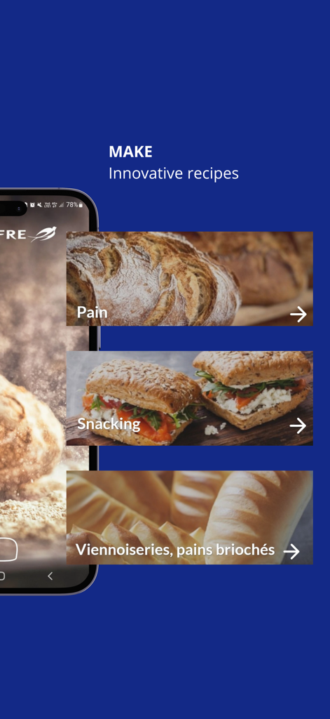 Lesaffre and Me app interface showing professional recipe categories for bread snacking and pastries