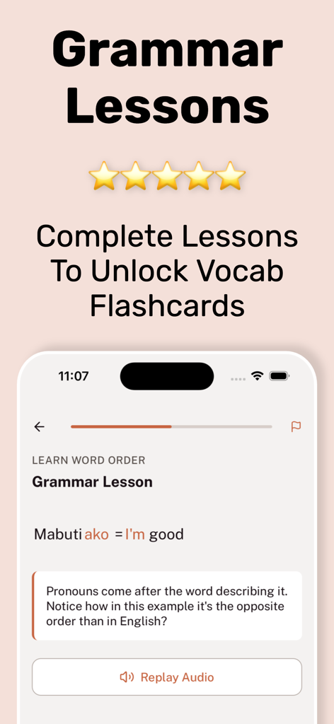 Screenshot of a Tagalog grammar lesson on the Tahanan app explaining word order