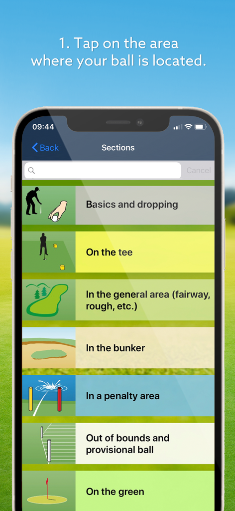 Mobile app screen showing various golf course sections for selecting ball location to find specific rules.