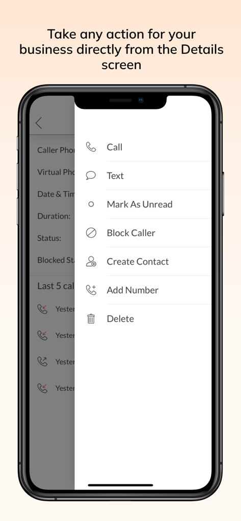 Talkroute business app details screen showing a menu with options to call text block caller or create contact