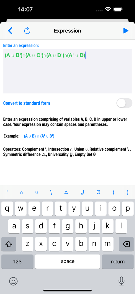 Venn Diagram Shader - Interfaz para introducir expresiones algebraicas de notación de conjuntos en la aplicación Shader de Diagramas de Venn con un teclado de símbolos especializado