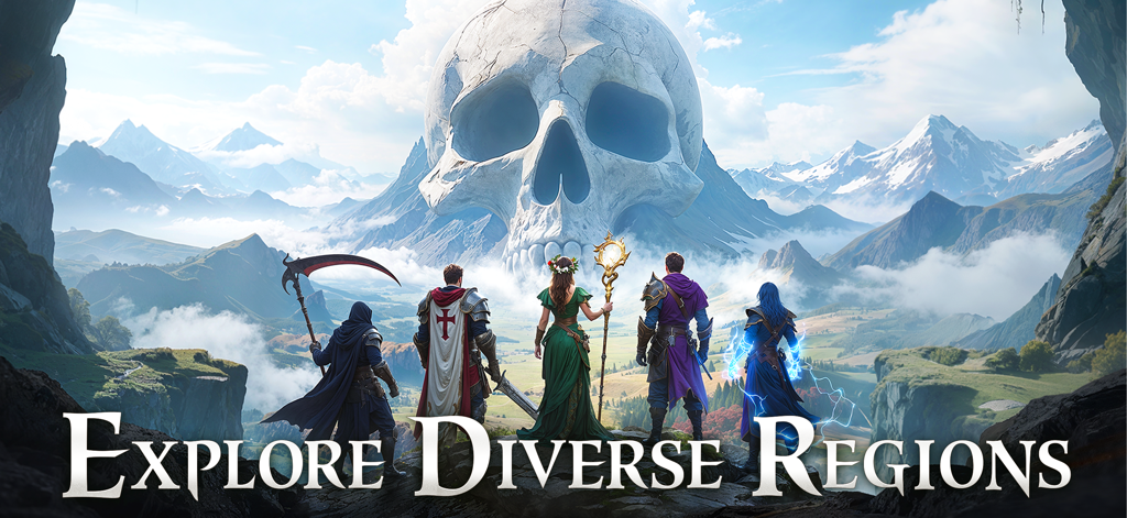 Ace Alliance: Realm of Heroes - A group of diverse heroes overlooking a vast mountain range with a giant stone skull