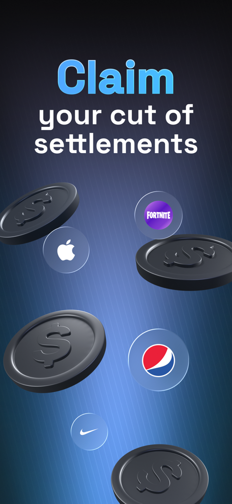 Claim: Class Actions - An app screen displaying brand logos and coins with the text Claim your cut of settlements.