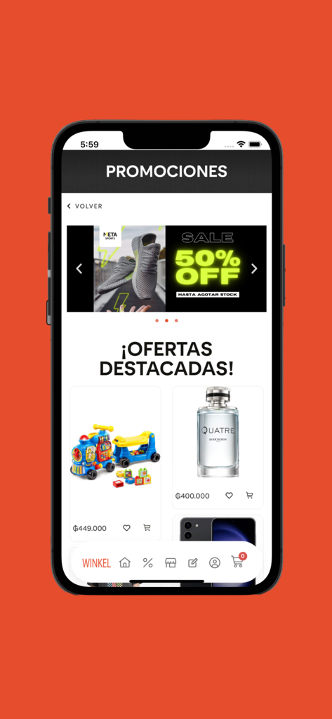 Tela do aplicativo móvel da Winkel exibindo uma página de promoções com um banner de 50% de desconto e ofertas de produtos em destaque.