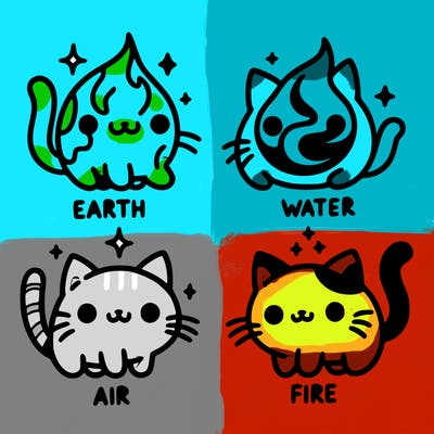 4 cats that represent the different elements, earth, water, air, and fire