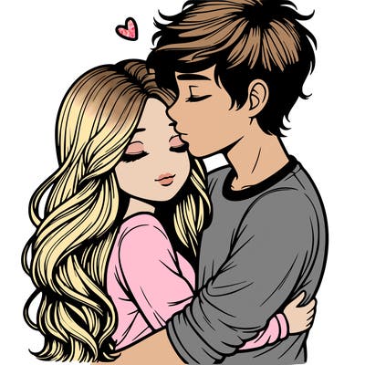 a realistic couple boy and girl hugging and kissing