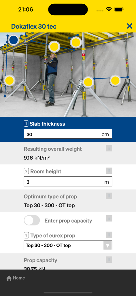 Doka Tools App-Oberfläche zur Optimierung der Dokaflex 30 tec Schalung und zur Berechnung von Stützen.