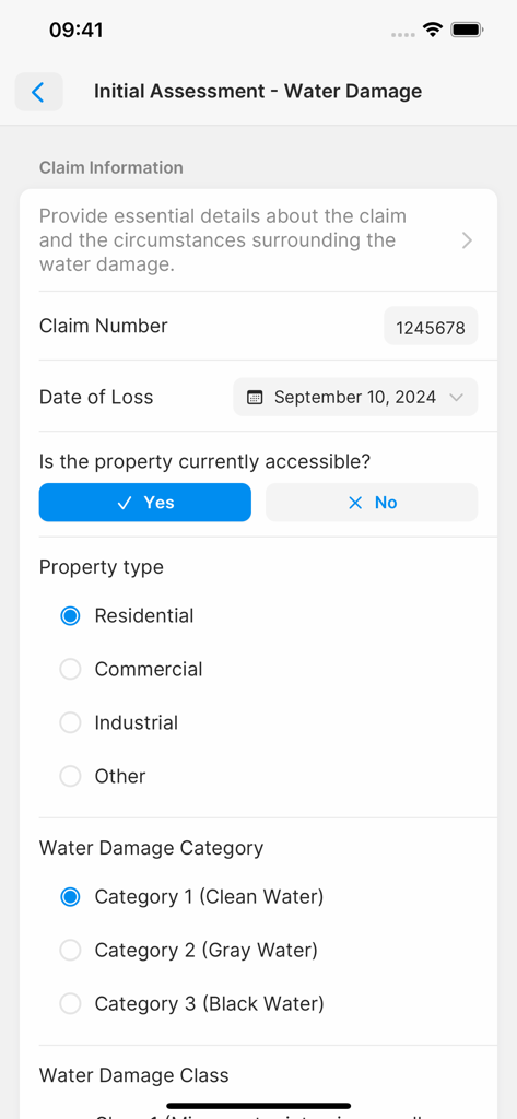 Interface of magicplan app showing an initial assessment form for water damage with fields for claim number and damage category
