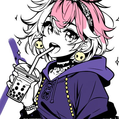 hot baddie anime girl drinking boba and biting the straw